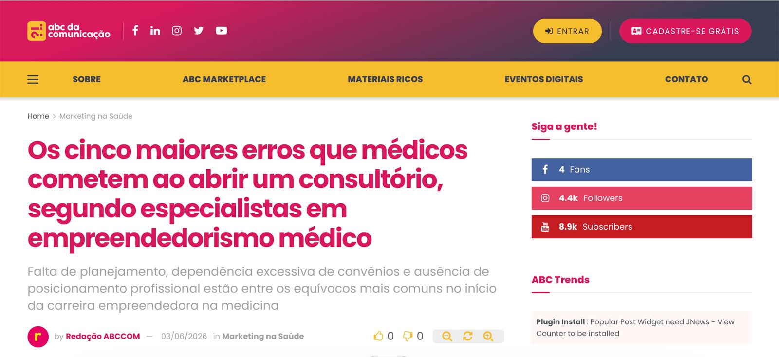 Reportagem na ABC da Comunicação sobre erros ao abrir consultório