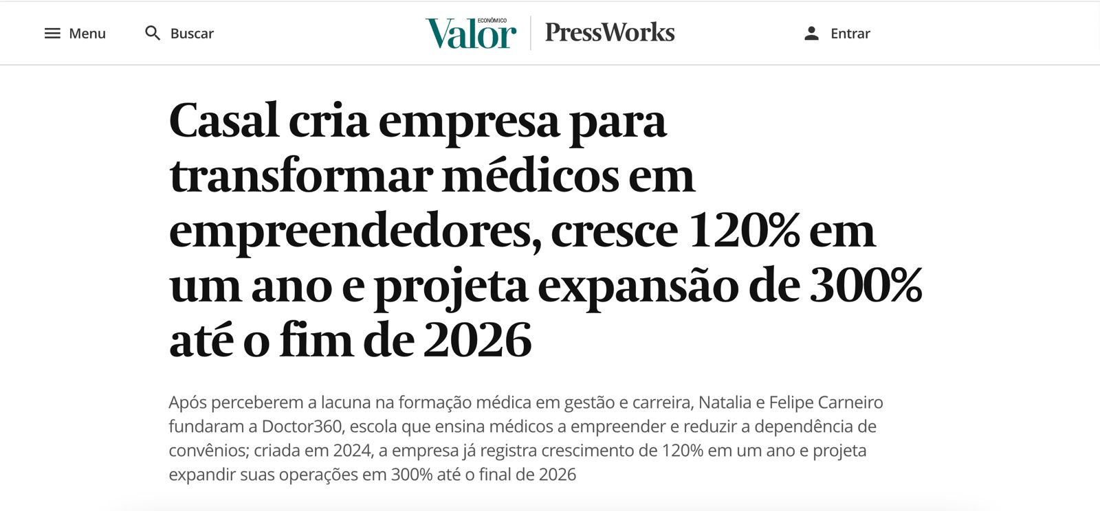 Reportagem no Valor Econômico sobre a Doctor360
